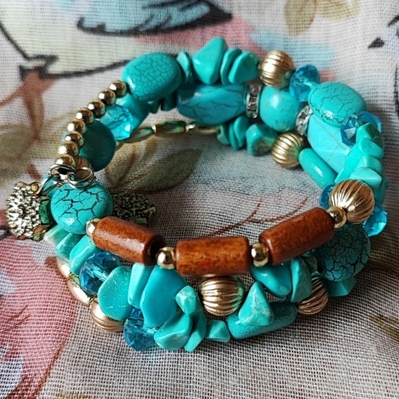 Howlite Faux Turquoise Color Veining Brown Copper Seed Beads Bracelet Anklet - Picture 7 of 9